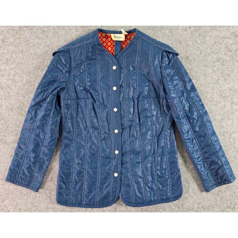 VTG Leslie Fay Quilted Jacket Coat Womens Medium Blue Long Sleeve Rheinauers‎
